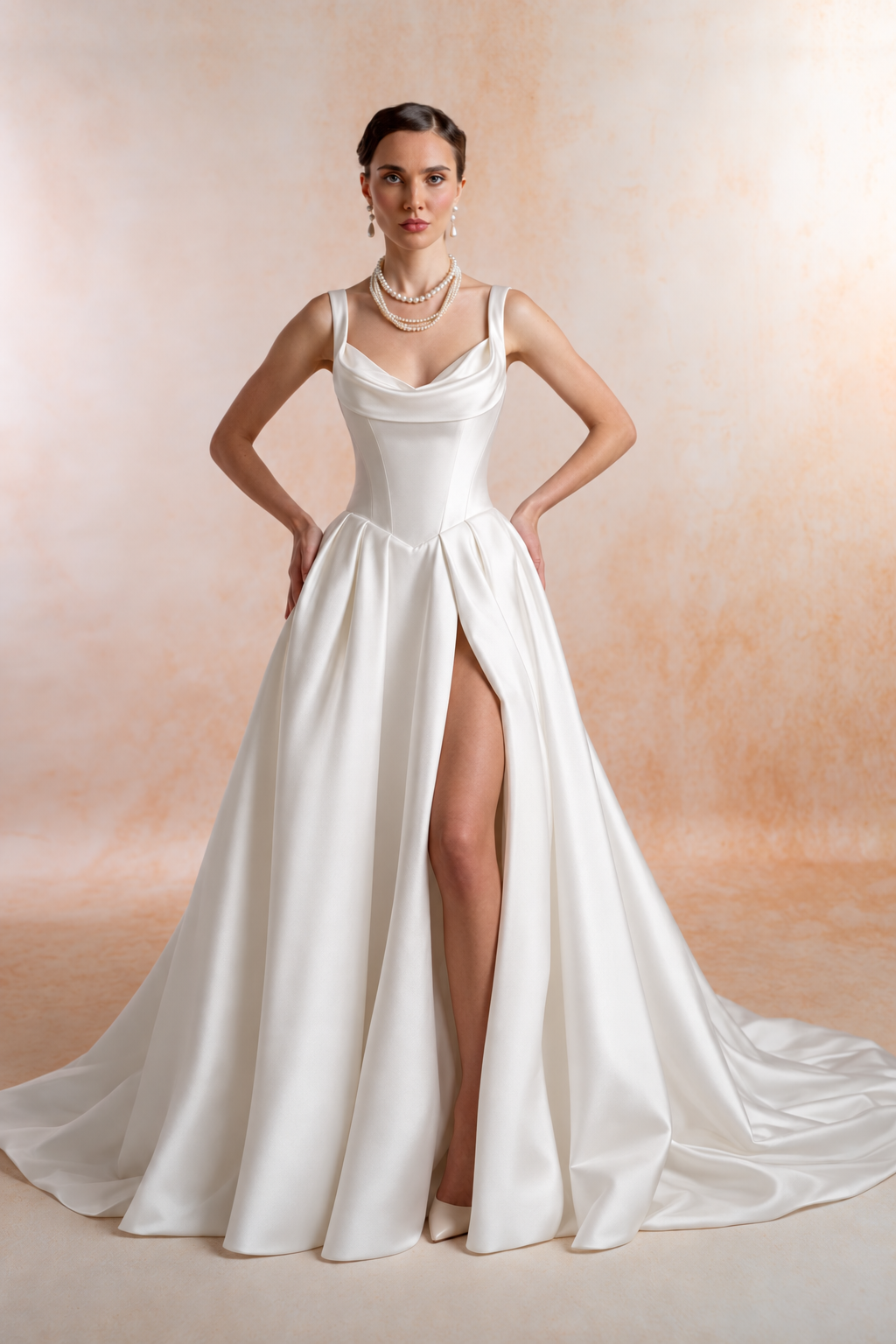 Model wearing a Mikado A-line wedding dress with wide straps, a softly draped neckline, structured corset bodice, pointed V waist and pleated skirt with a high front slit and sweeping train.